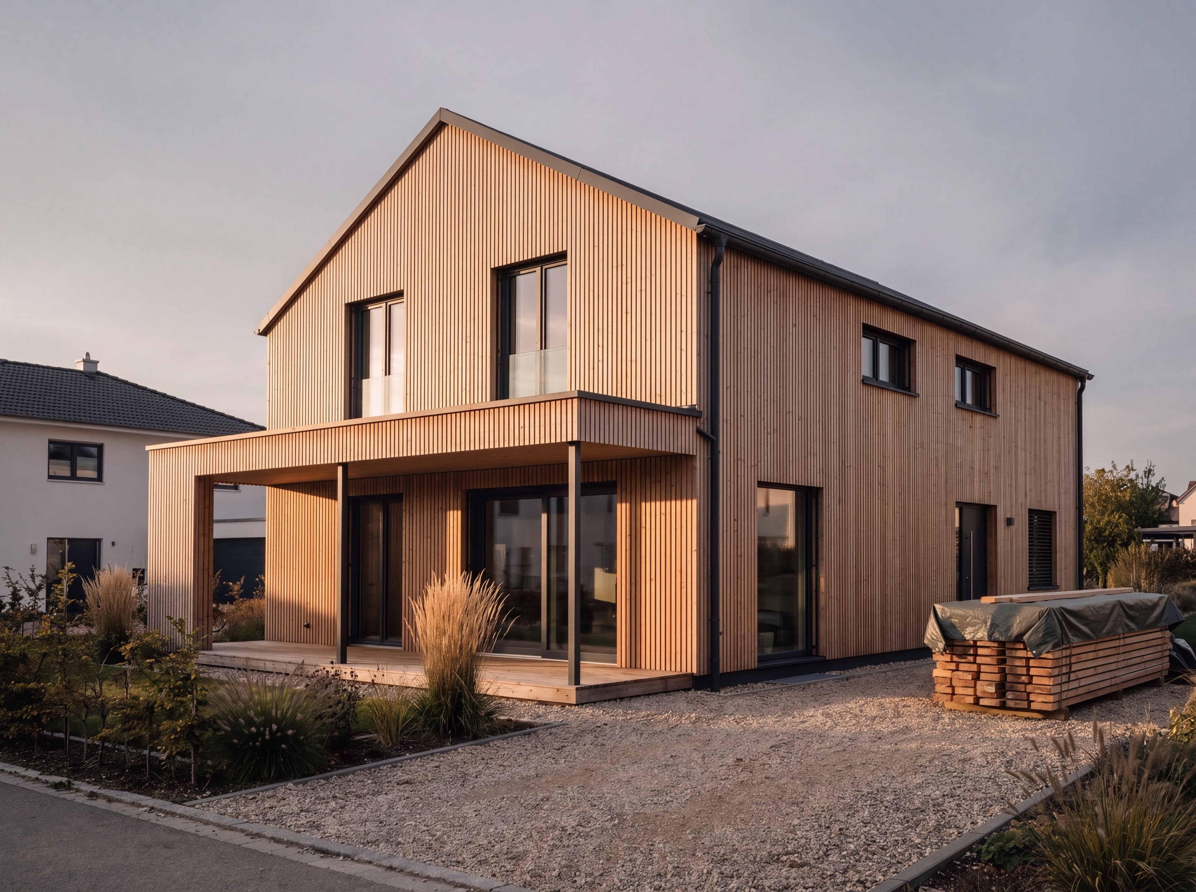 Modernes Fertighaus mit Lärchenholzfassade im Abendlicht